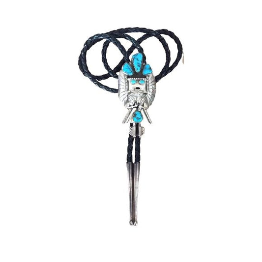 Kachina Men's Bolo Tie Turquoise Sterling Silver Hopi Native American Indian