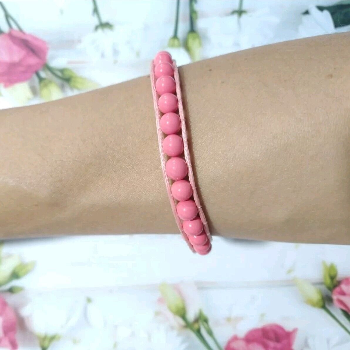 Pink Rose Beads Gemstone Beaded Braided Bracelet Handmade