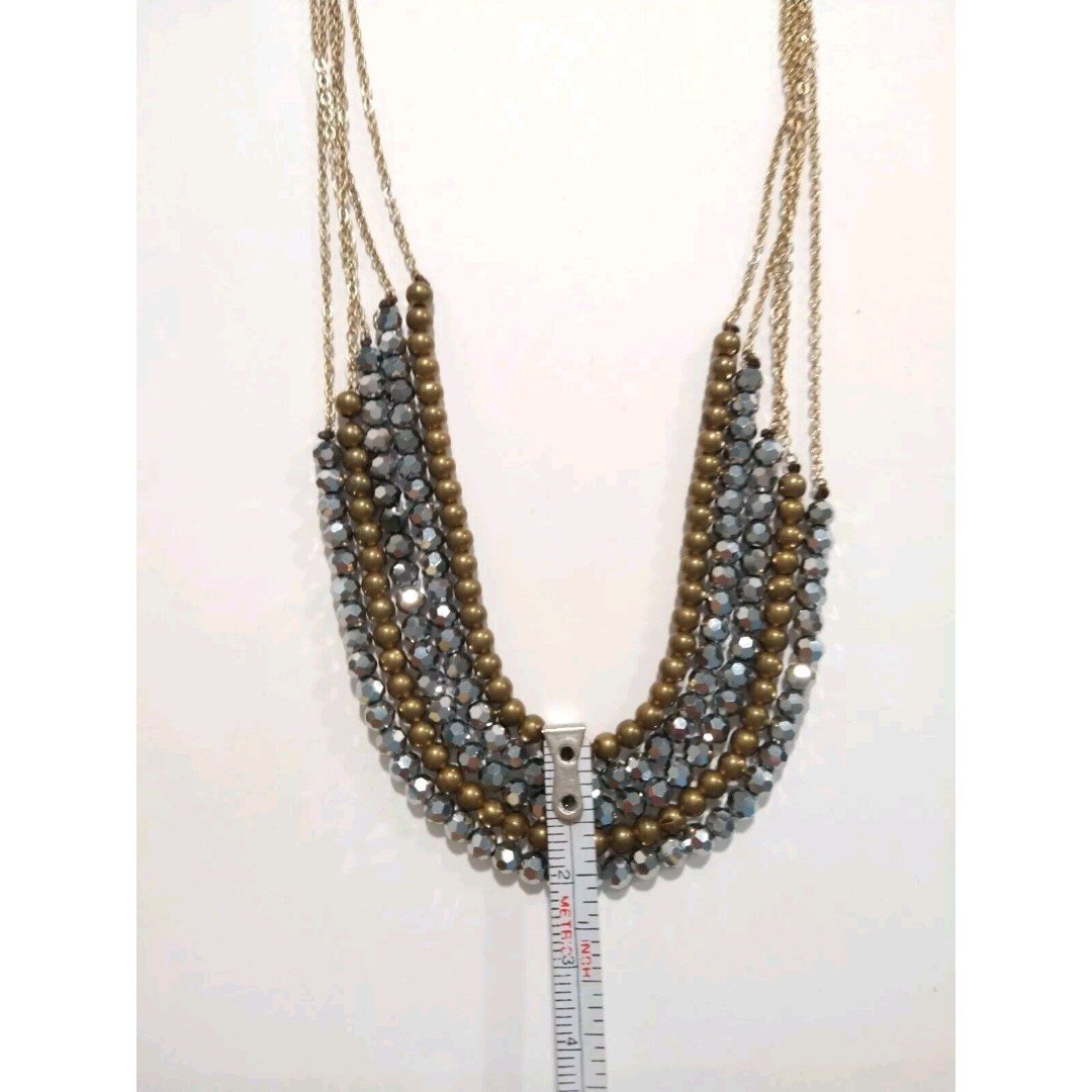 Gray & Brass Multi Strand Bead and Gold Tone Chain Beaded Necklace