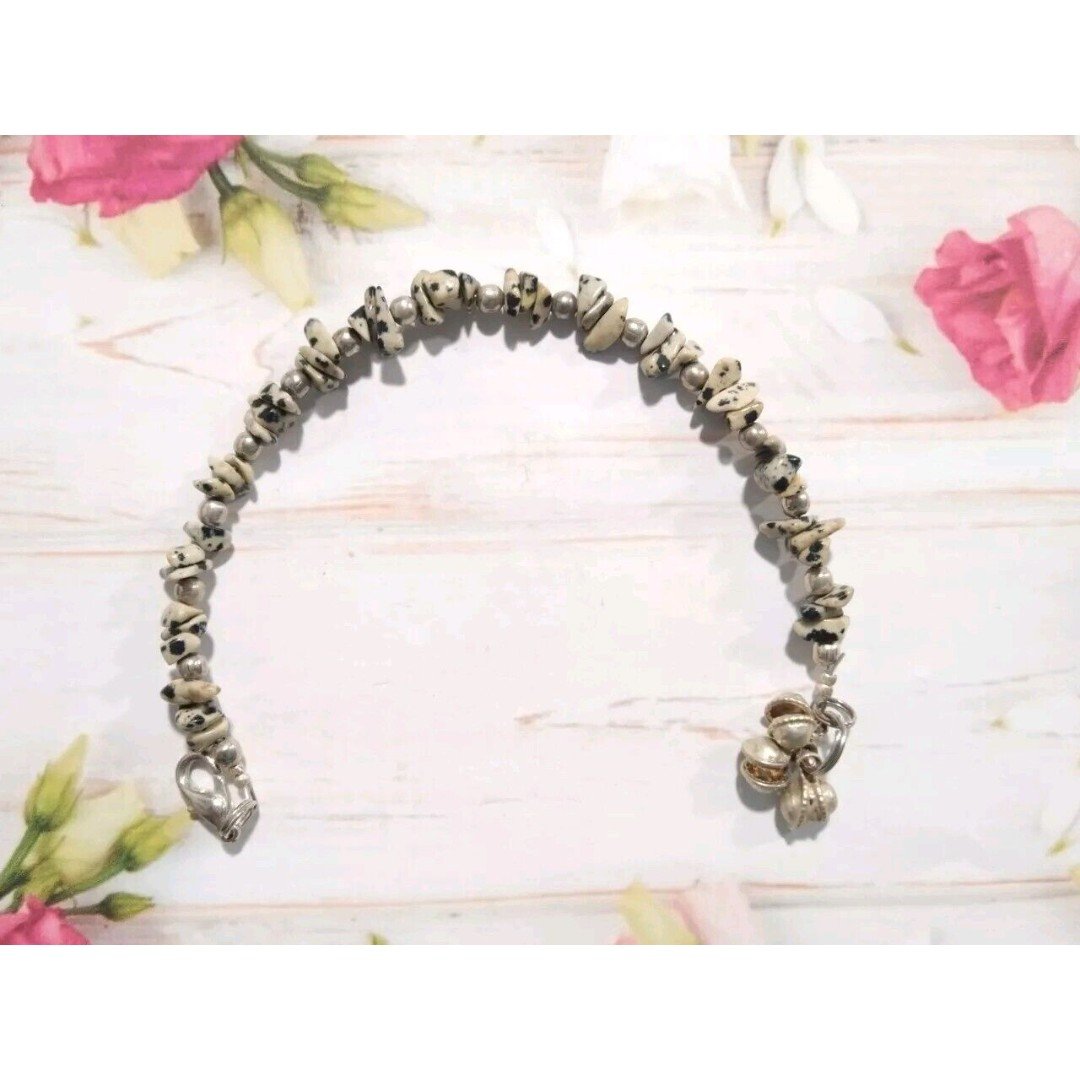 Cream & Black Beads Beaded Bracelet Silver Tone