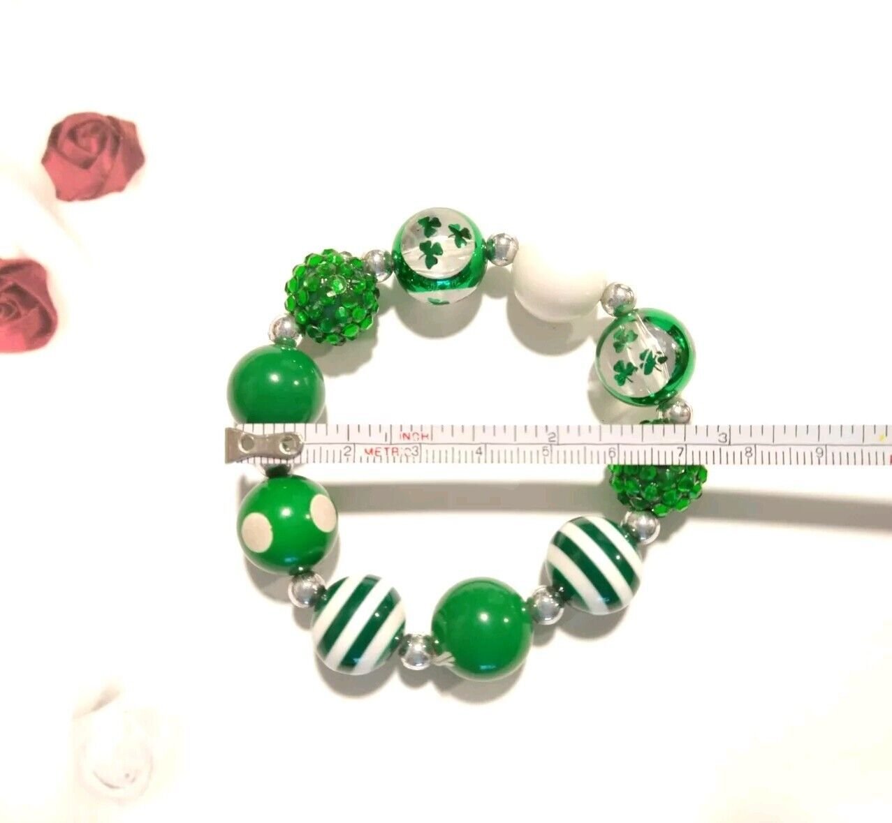 St Patrick's Day Shamrock Clover Irish Beaded Bracelet Stretch Green Plastic