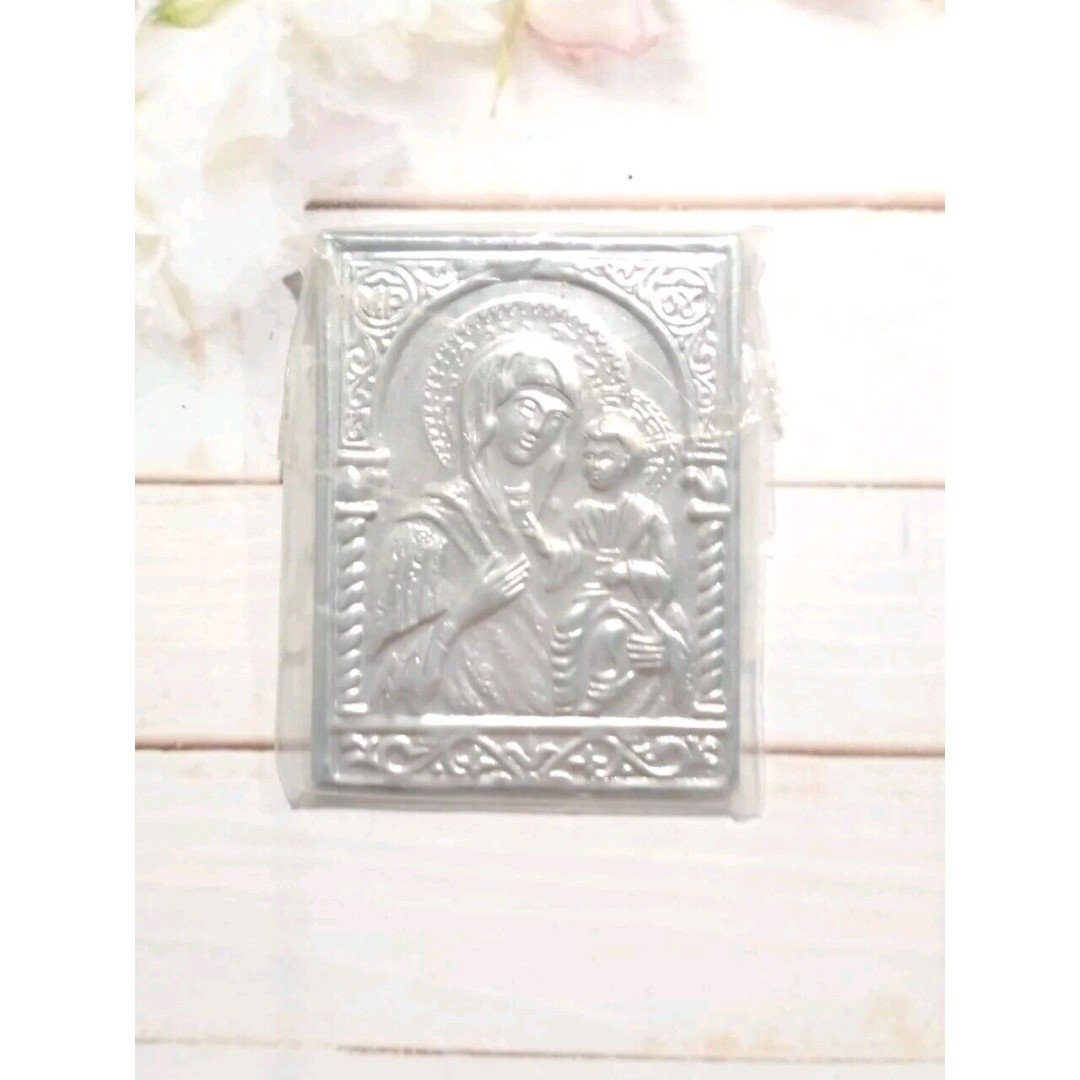 Orthodox Madonna Virgin Mary Baby Jesus Silver-Tone Wallet Icon Plaque Hilandar