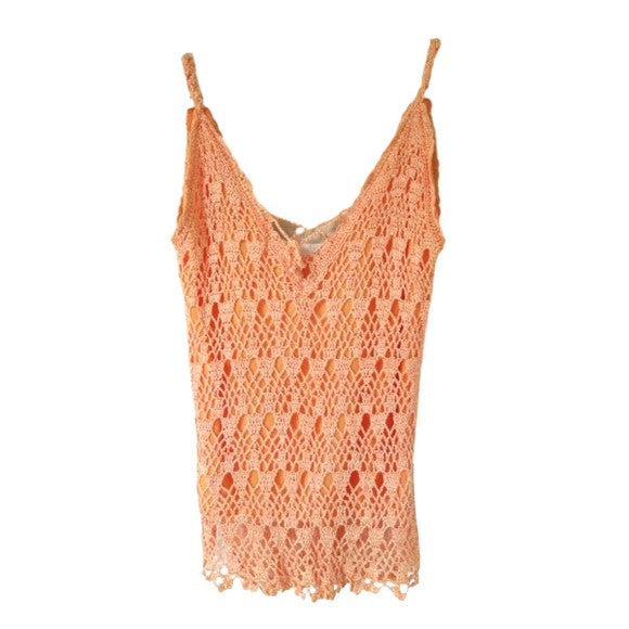 Orange Knitted with Pearls Women's Tank Top T-shirt Sleeveless Size S V-neck