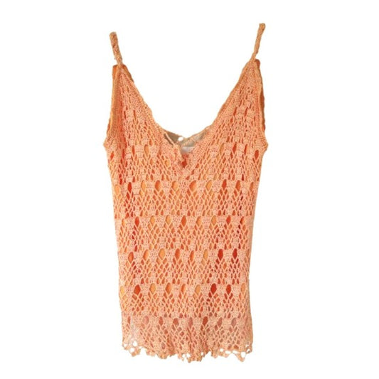 Orange Knitted with Pearls Women's Tank Top T-shirt Sleeveless Size S V-neck