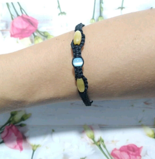 Black Braided Bracelet Brown Blue Eye Gemstone Beads Ajustable Style Handmade