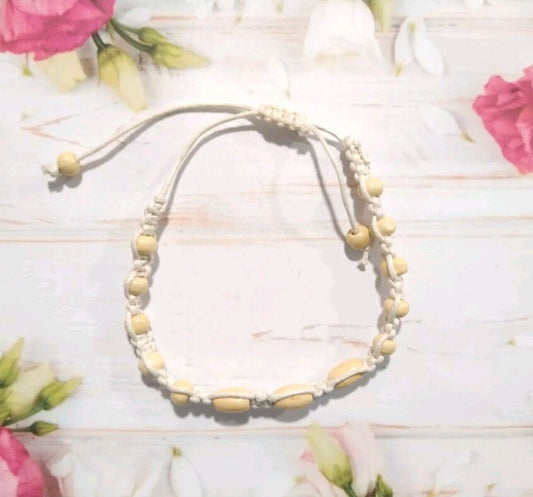 White Cord Beige Braided Bracelet Wood Beads Adjustable Handmade