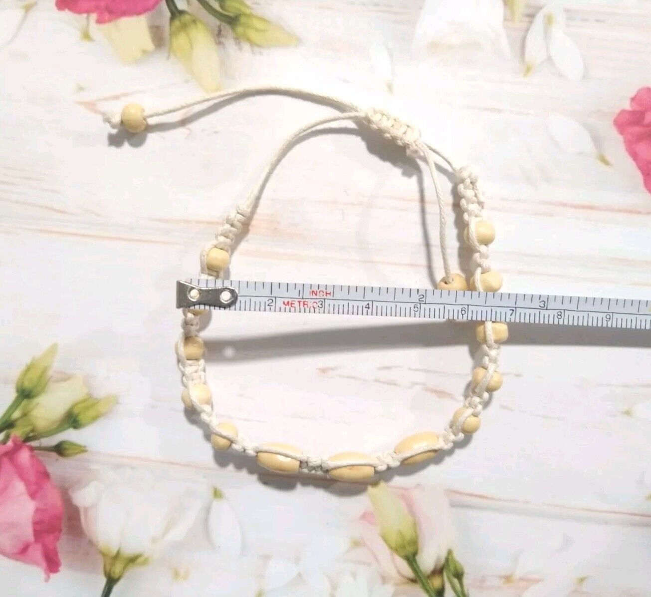 White Cord Beige Braided Bracelet Wood Beads Adjustable Handmade