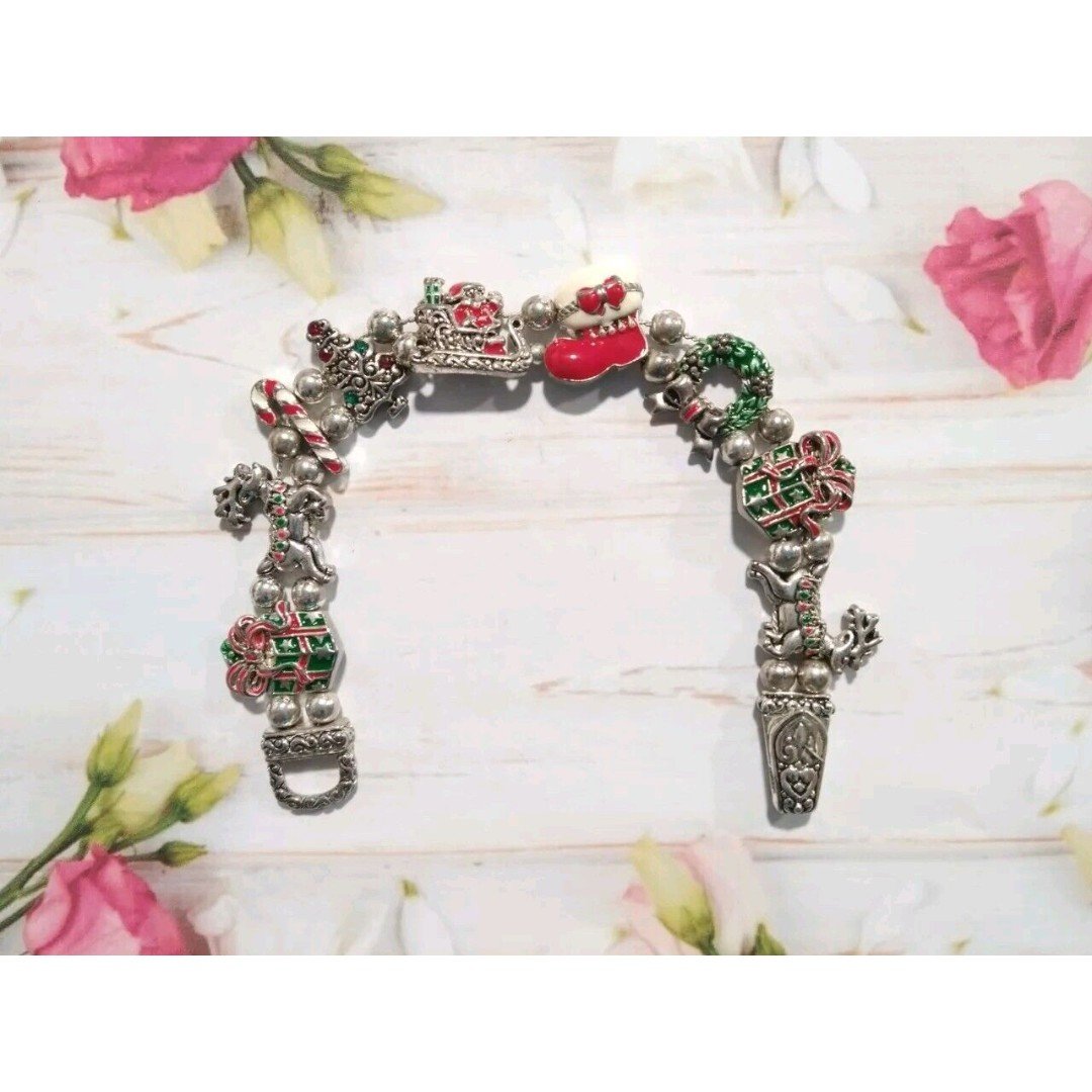 Vtg Enamel Christmas Slide Charm Bracelet Snowman Reindeer Wreath Silver Tone