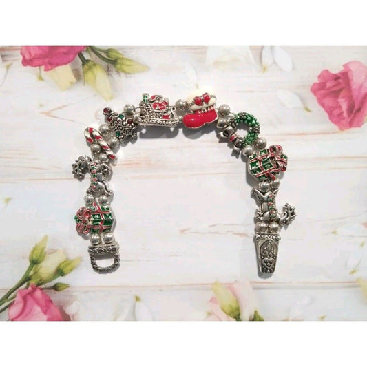 Vtg Enamel Christmas Slide Charm Bracelet Snowman Reindeer Wreath Silver Tone
