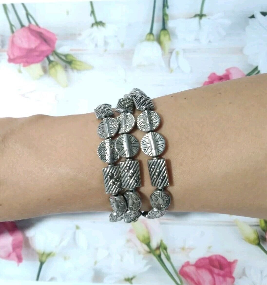 Vintage Mexico Aztec Mask Face Sterling Silver Plated Three Strands Bracelet