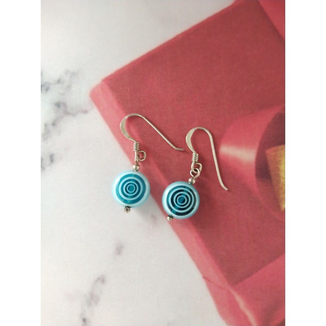 Turquoise Swirl Bead Dangle Earrings Sterling Silver 925 Fish Hooks
