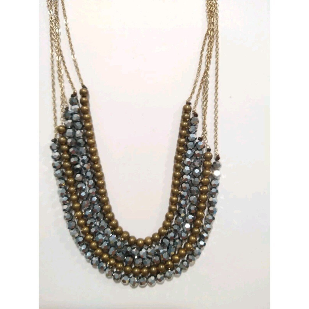 Gray & Brass Multi Strand Bead and Gold Tone Chain Beaded Necklace