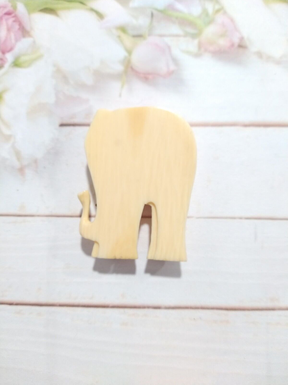 Vintage Carved Resin White Elephant with Solid 14k Yellow Gold Inlay Pendant