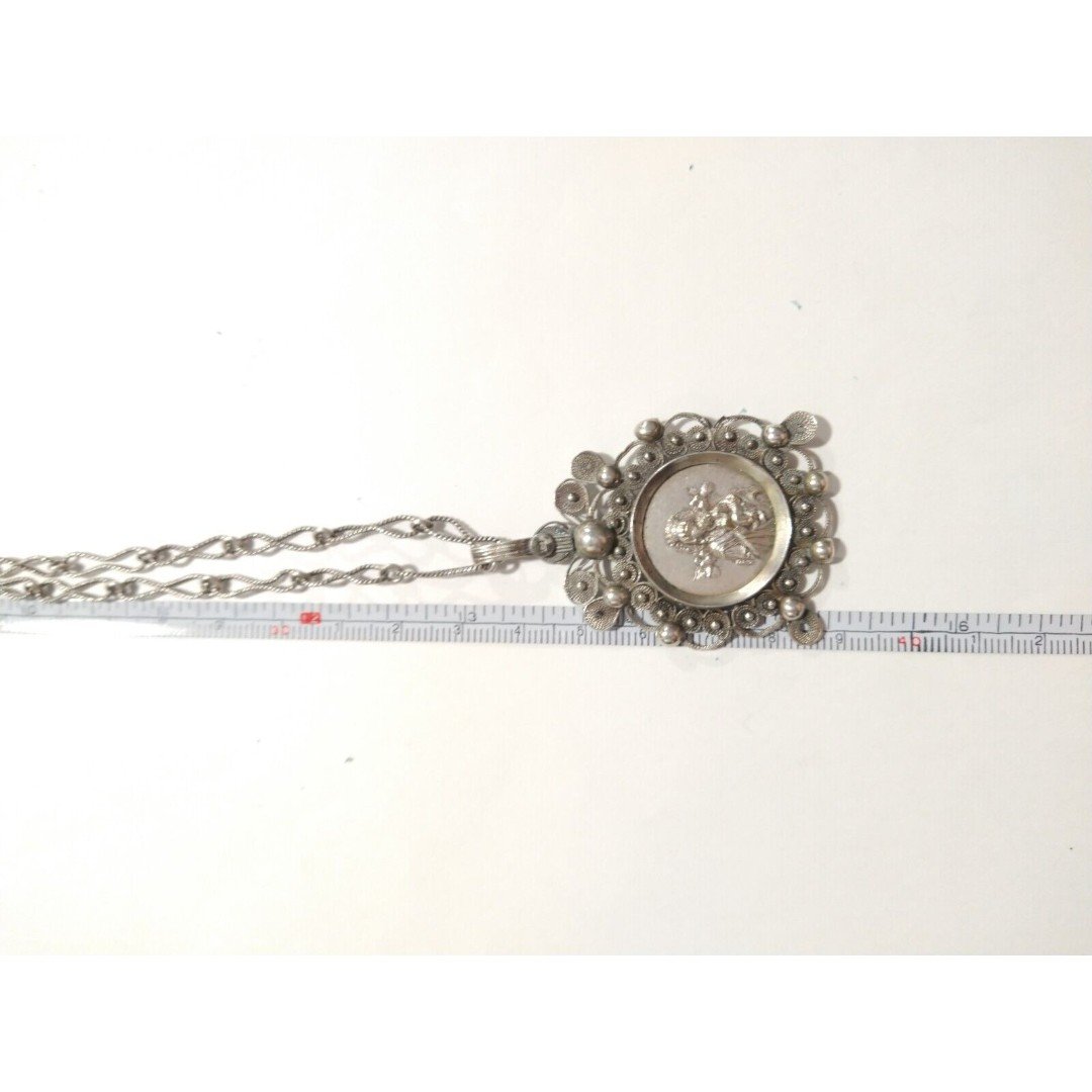Antique Madonna w Jesus Pendant Medallion Necklace Sterling Religious Victorian