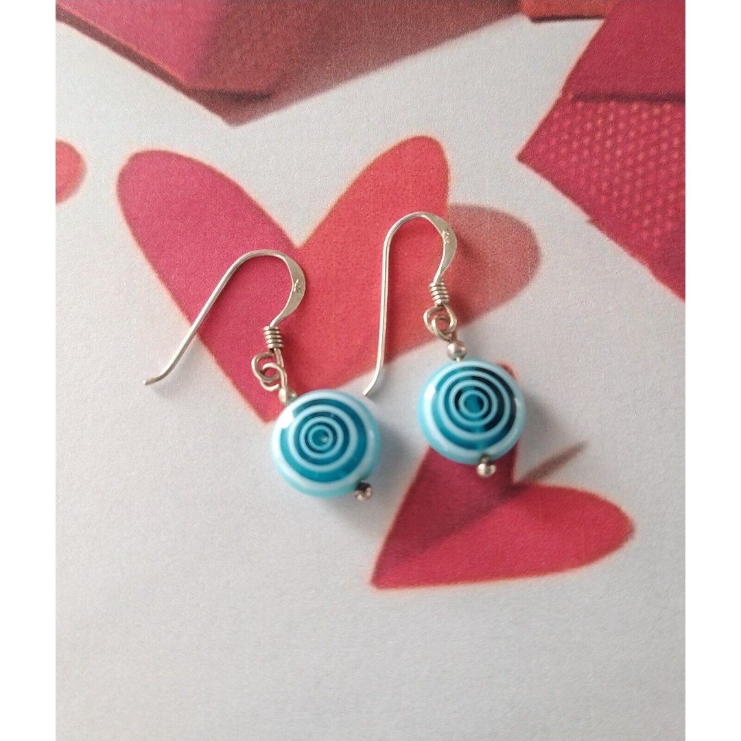 Turquoise Swirl Bead Dangle Earrings Sterling Silver 925 Fish Hooks