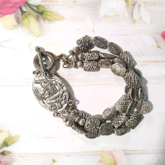 Vintage Mexico Aztec Mask Face Sterling Silver Plated Three Strands Bracelet