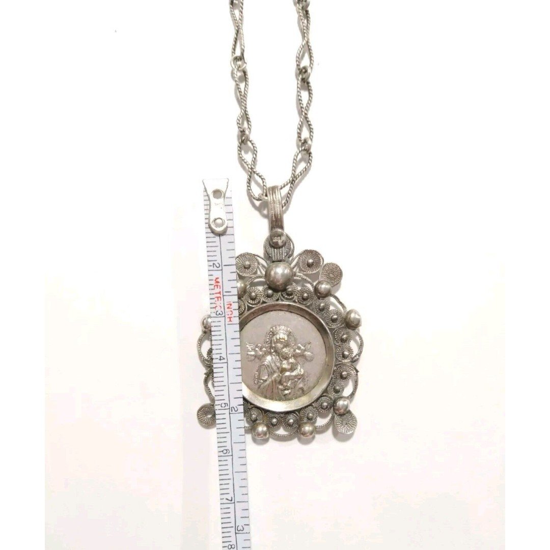 Antique Madonna w Jesus Pendant Medallion Necklace Sterling Religious Victorian