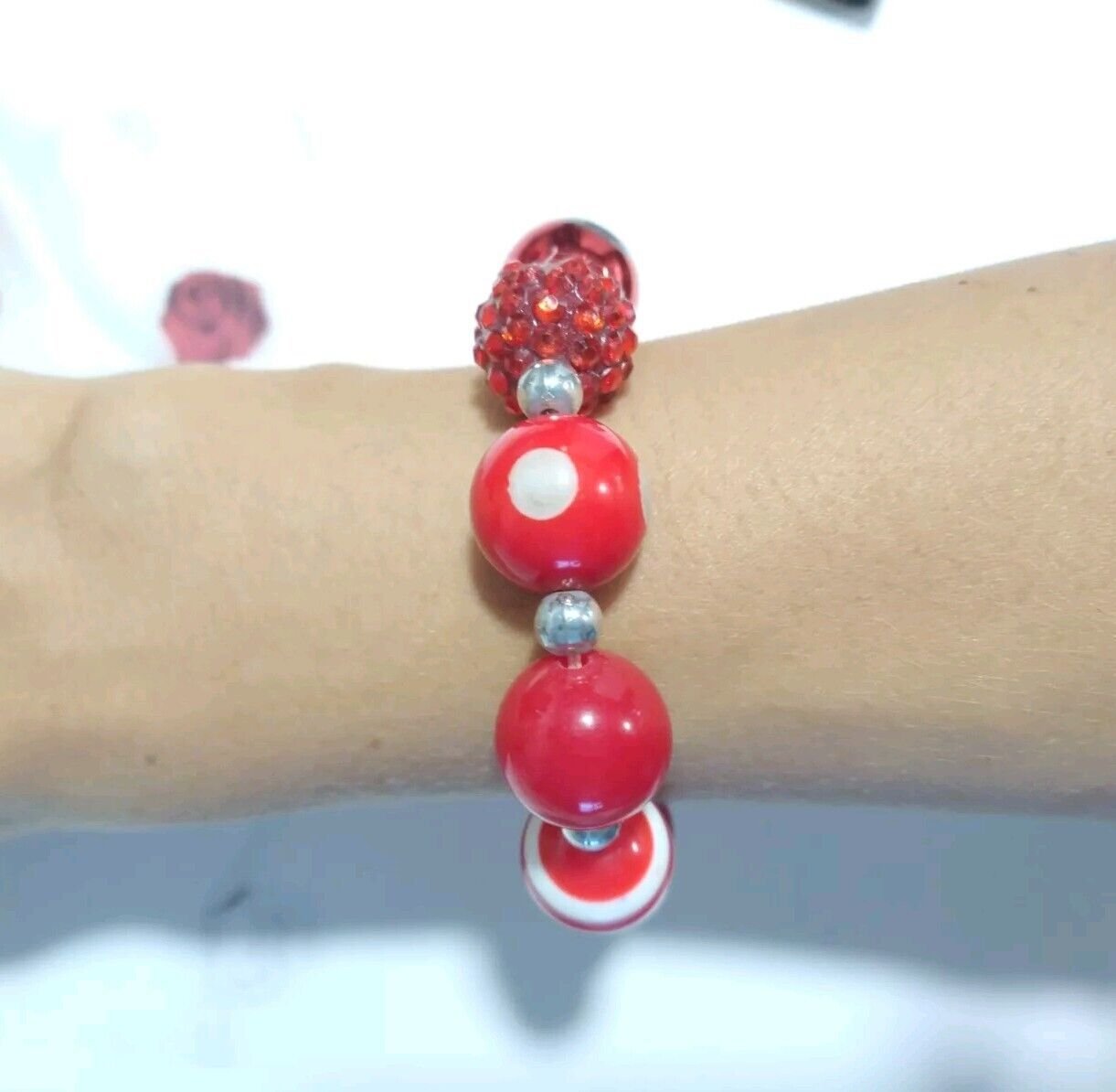 Red White Beaded Adjustable Bracelet Stretch