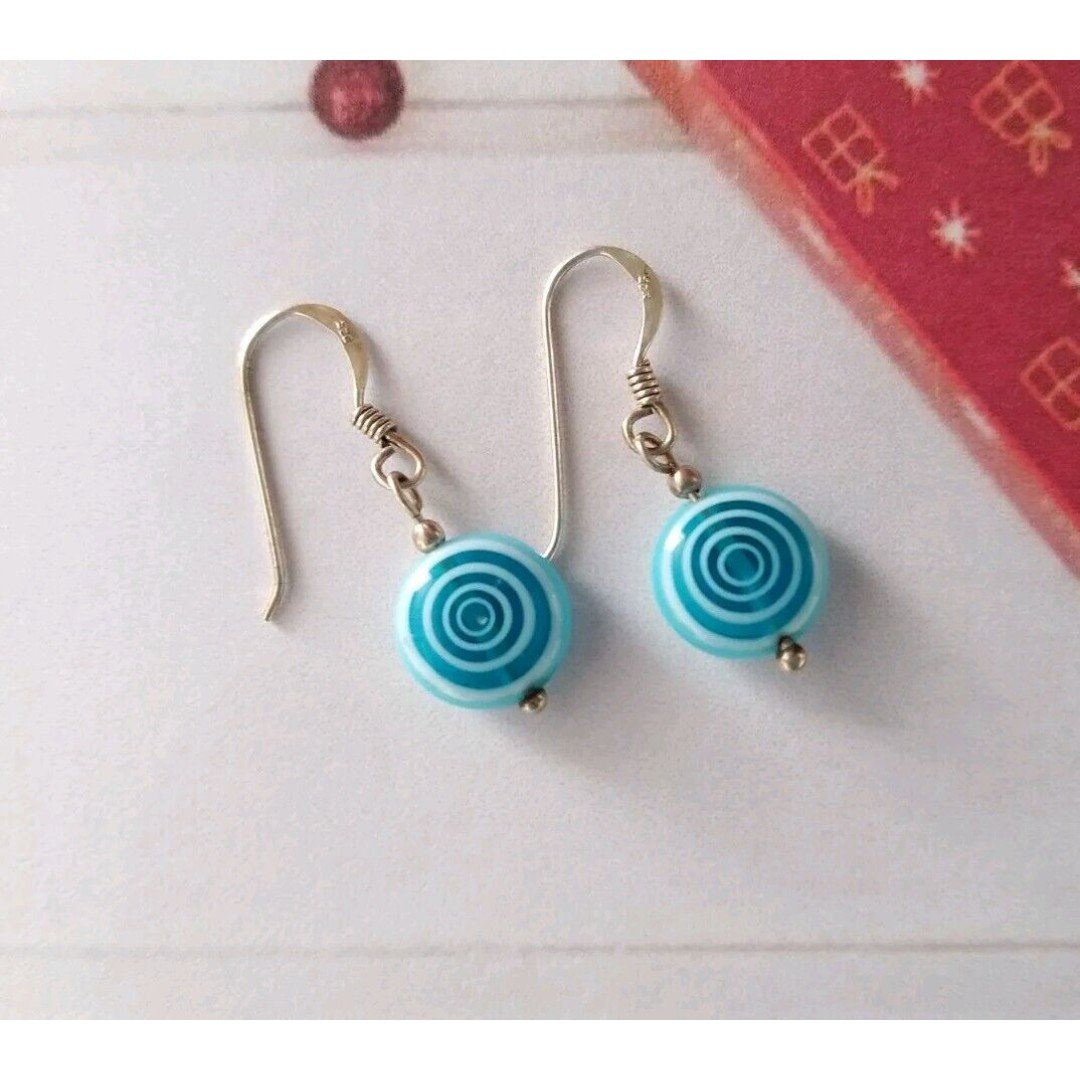 Turquoise Swirl Bead Dangle Earrings Sterling Silver 925 Fish Hooks