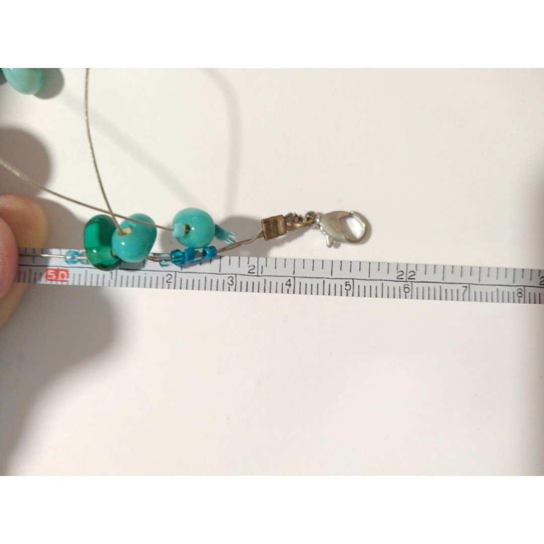 Aqua Blue Green Beaded Layered Necklace & Stud Earrings Set Art Glass Lampwork