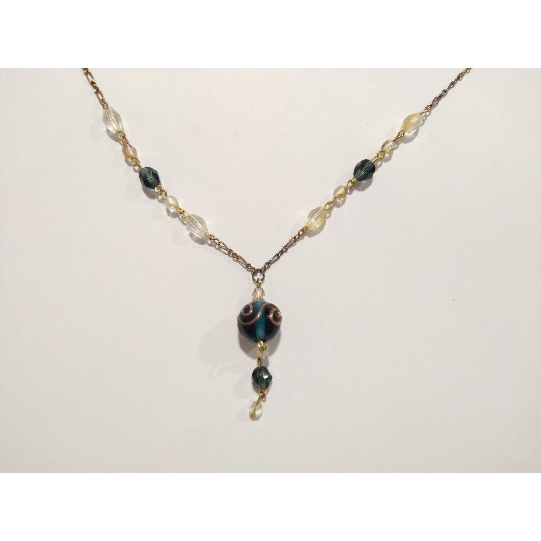 Blue Clear Swirl Art Glass Crystal Beads Y Lariat Necklace By Korea Adjustable