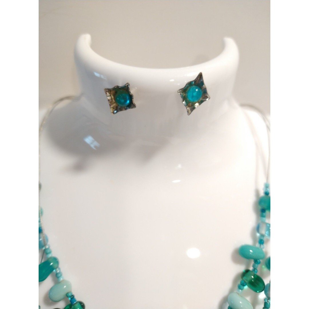Aqua Blue Green Beaded Layered Necklace & Stud Earrings Set Art Glass Lampwork