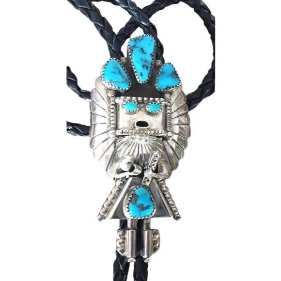 Kachina Men's Bolo Tie Turquoise Sterling Silver Hopi Native American Indian