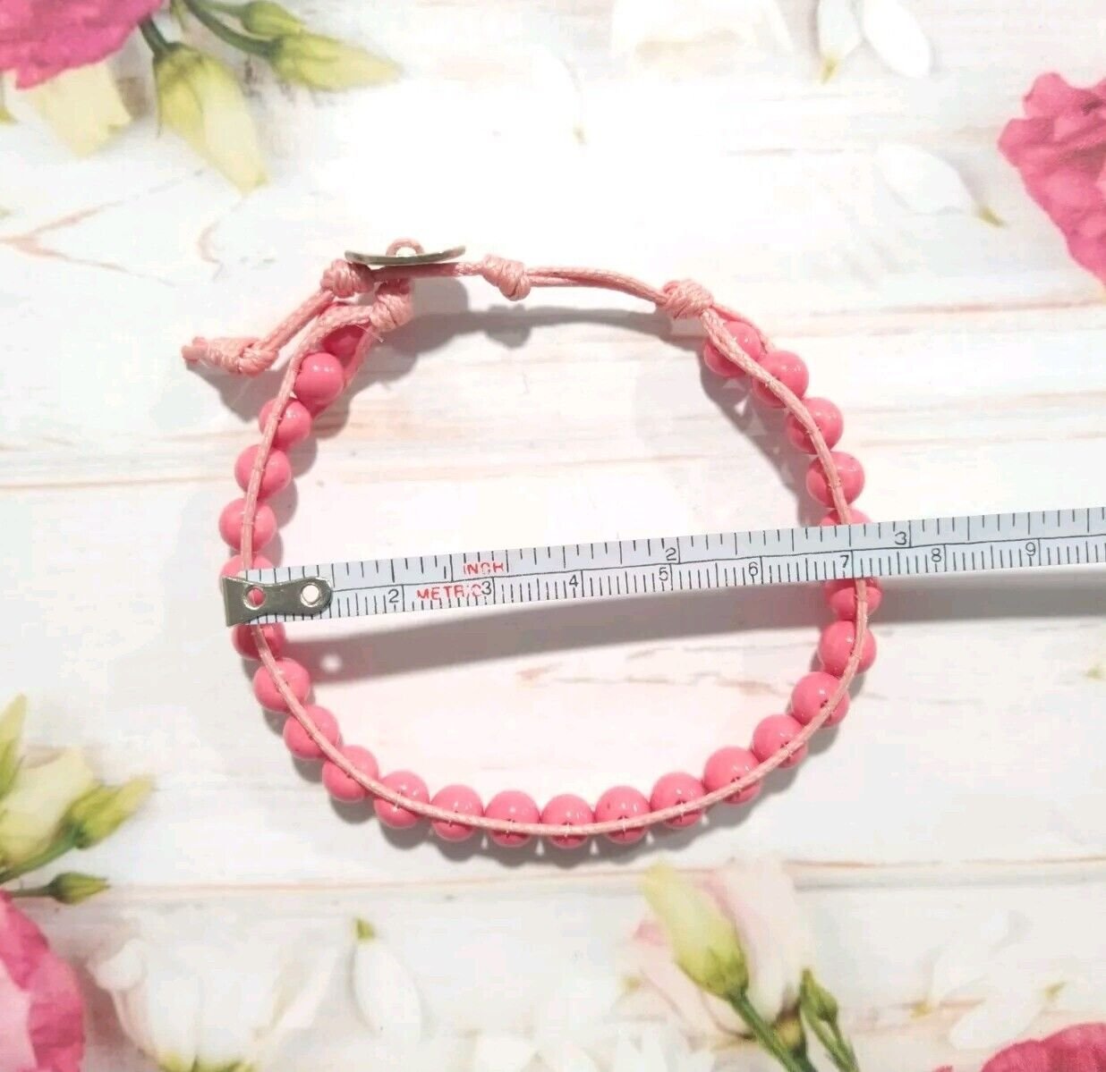 Pink Rose Beads Gemstone Beaded Braided Bracelet Handmade