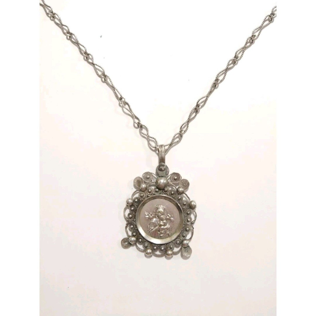 Antique Madonna w Jesus Pendant Medallion Necklace Sterling Religious Victorian