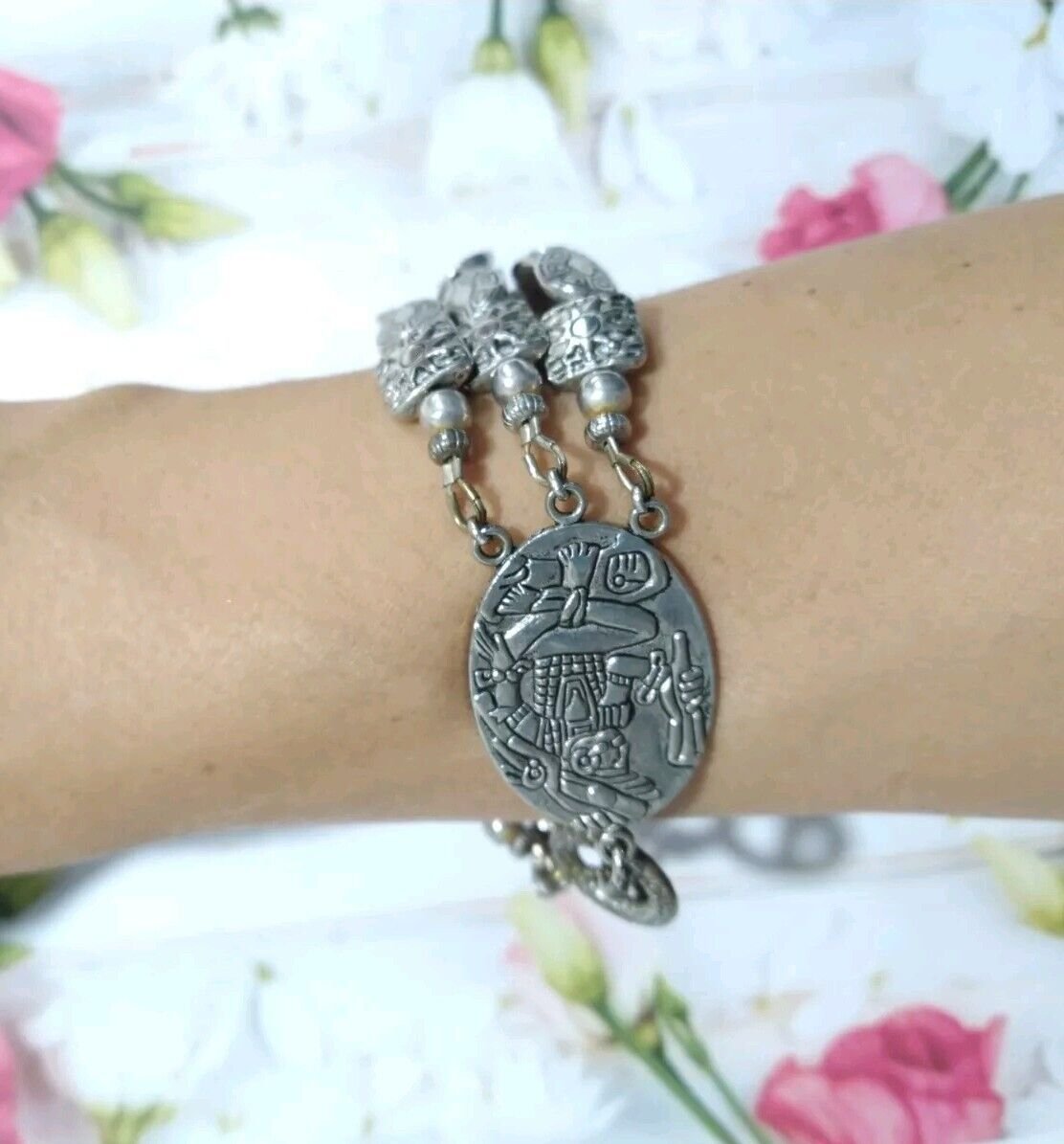 Vintage Mexico Aztec Mask Face Sterling Silver Plated Three Strands Bracelet