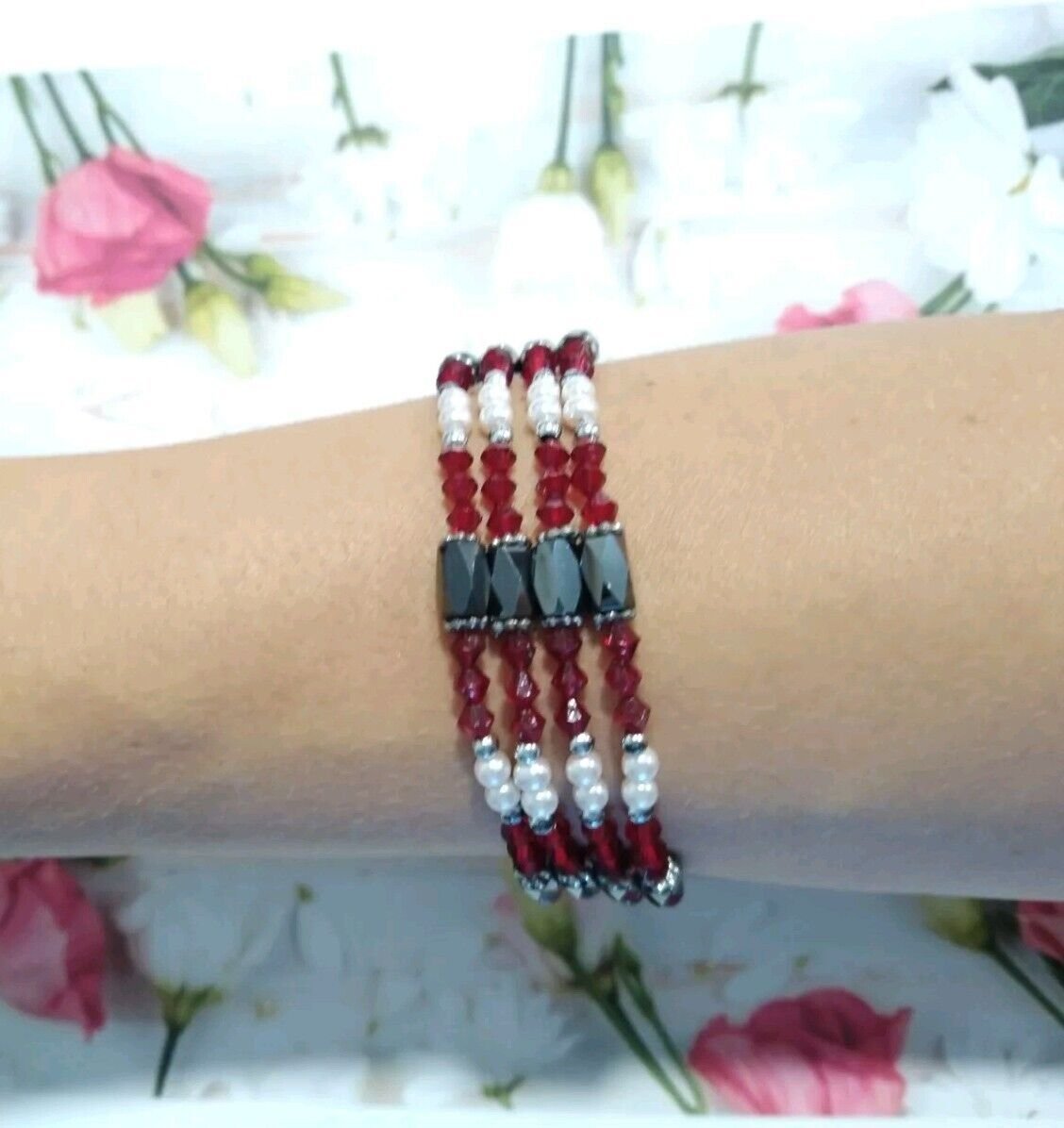 Burgundy Red Beads Faux Pearls Magnet Wrap Bracelet Stretch Beaded