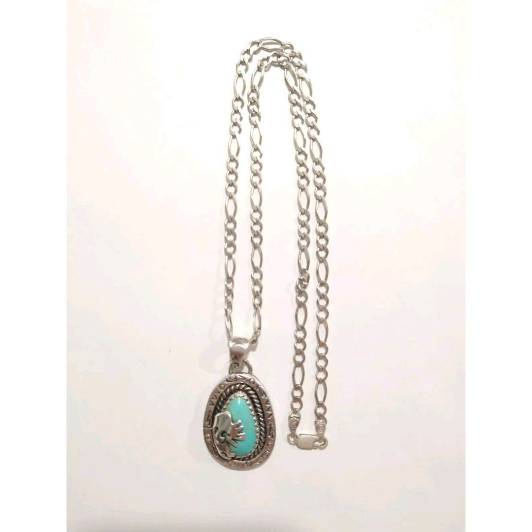 Vtg Native American Sterling Silver Kokopelli Turquoise Pendant Chain Necklace