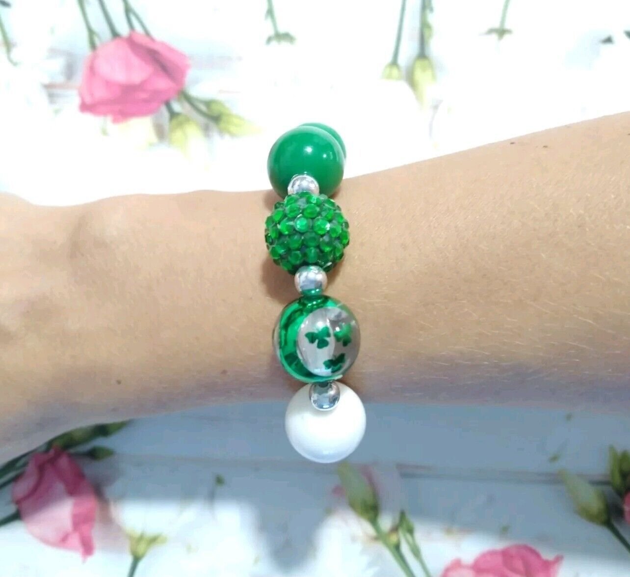 St Patrick's Day Shamrock Clover Irish Beaded Bracelet Stretch Green Plastic