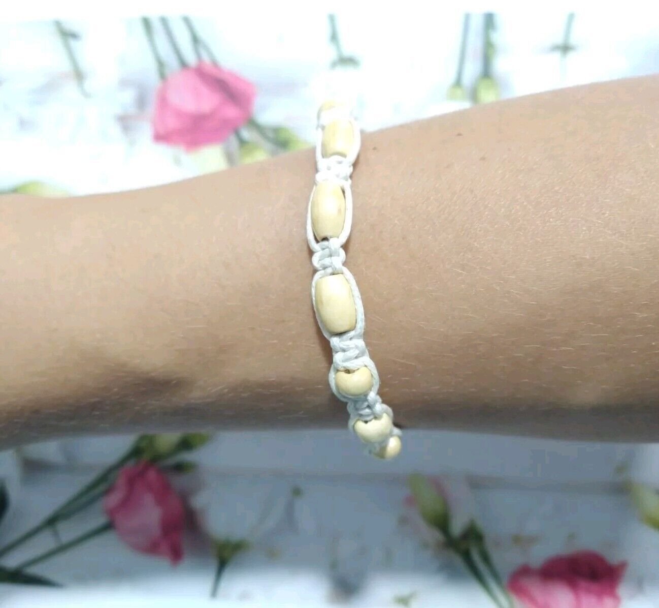 White Cord Beige Braided Bracelet Wood Beads Adjustable Handmade