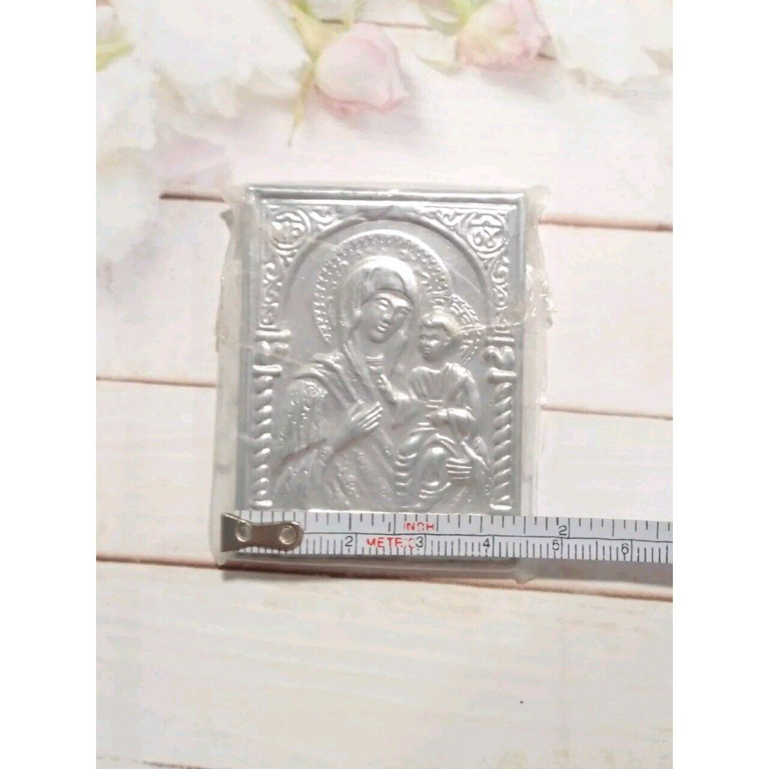 Orthodox Madonna Virgin Mary Baby Jesus Silver-Tone Wallet Icon Plaque Hilandar