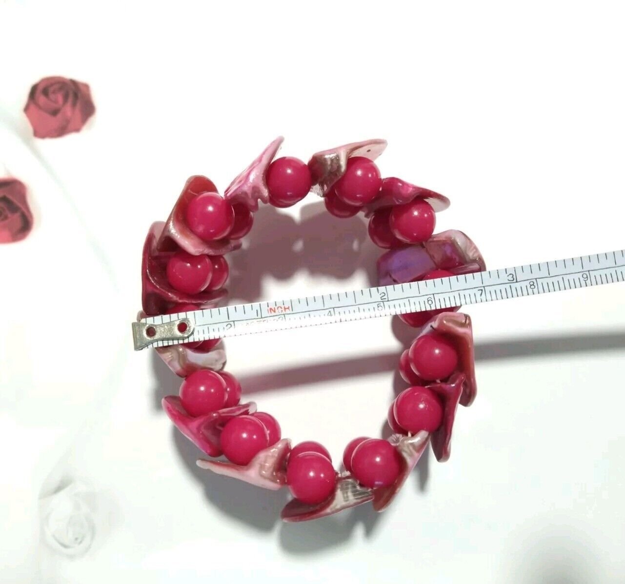 Bohemian Pink Abalone Shell & Bead Stretch Bracelet Beach Coastal
