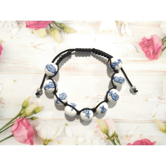 Estate Porcelain Beaded Braided Bracelet Black Cord Blue Flowers Adjustable