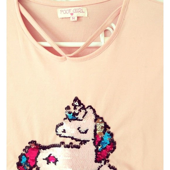 Poof girl light pink unicorn girls Top long sleeve blouse M