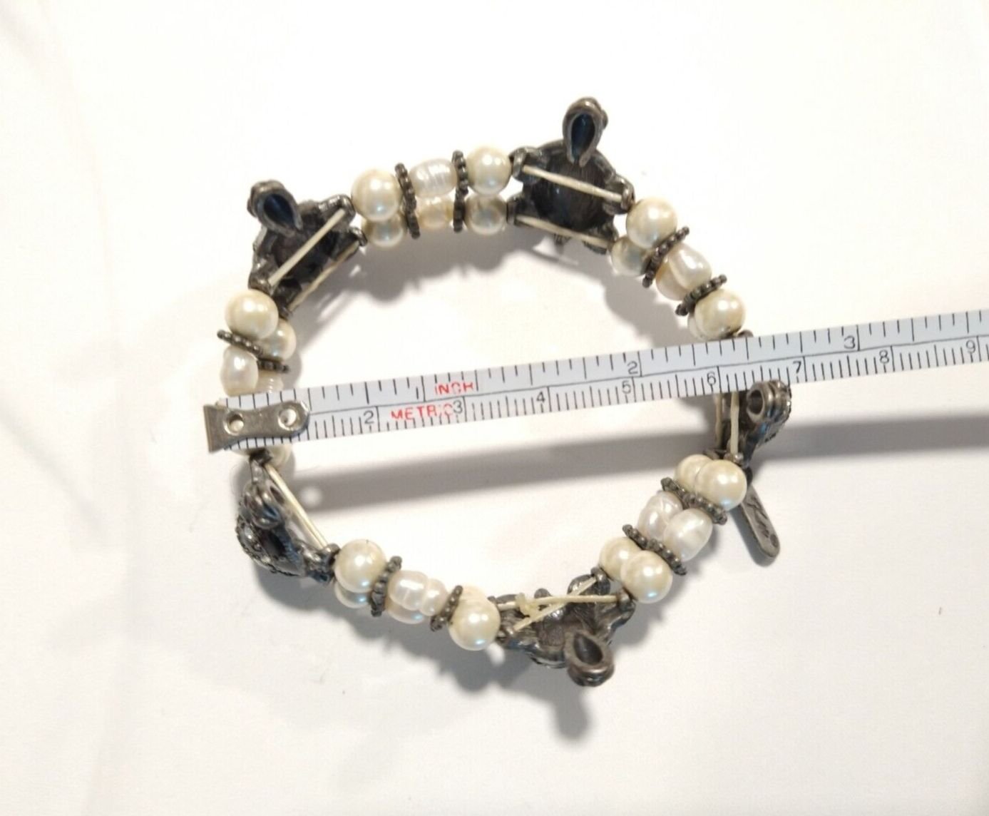 Kn Designer Black Cream Turtle Faux Peal Beaded Adjustable Bracelet Stretch