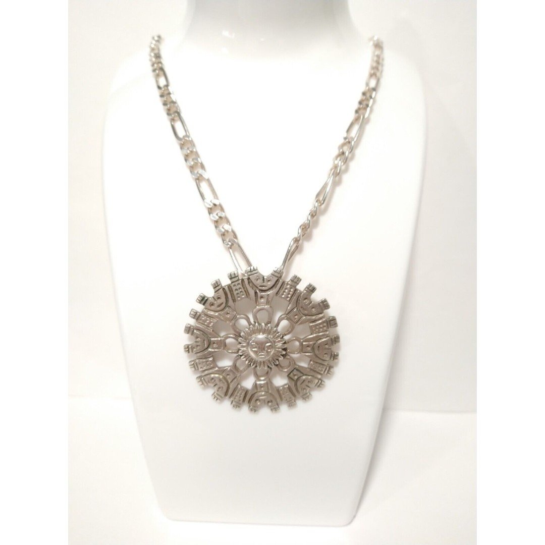 Vtg Solid Large Sun Aztec 925 Sterling Silver Pendant Figaro Necklace Italy