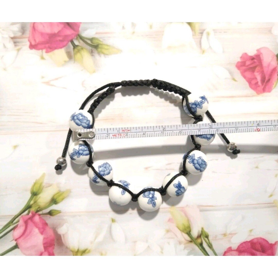 Estate Porcelain Beaded Braided Bracelet Black Cord Blue Flowers Adjustable