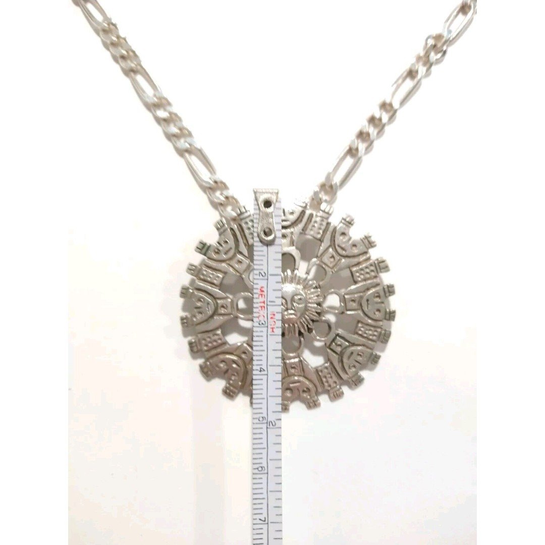 Vtg Solid Large Sun Aztec 925 Sterling Silver Pendant Figaro Necklace Italy