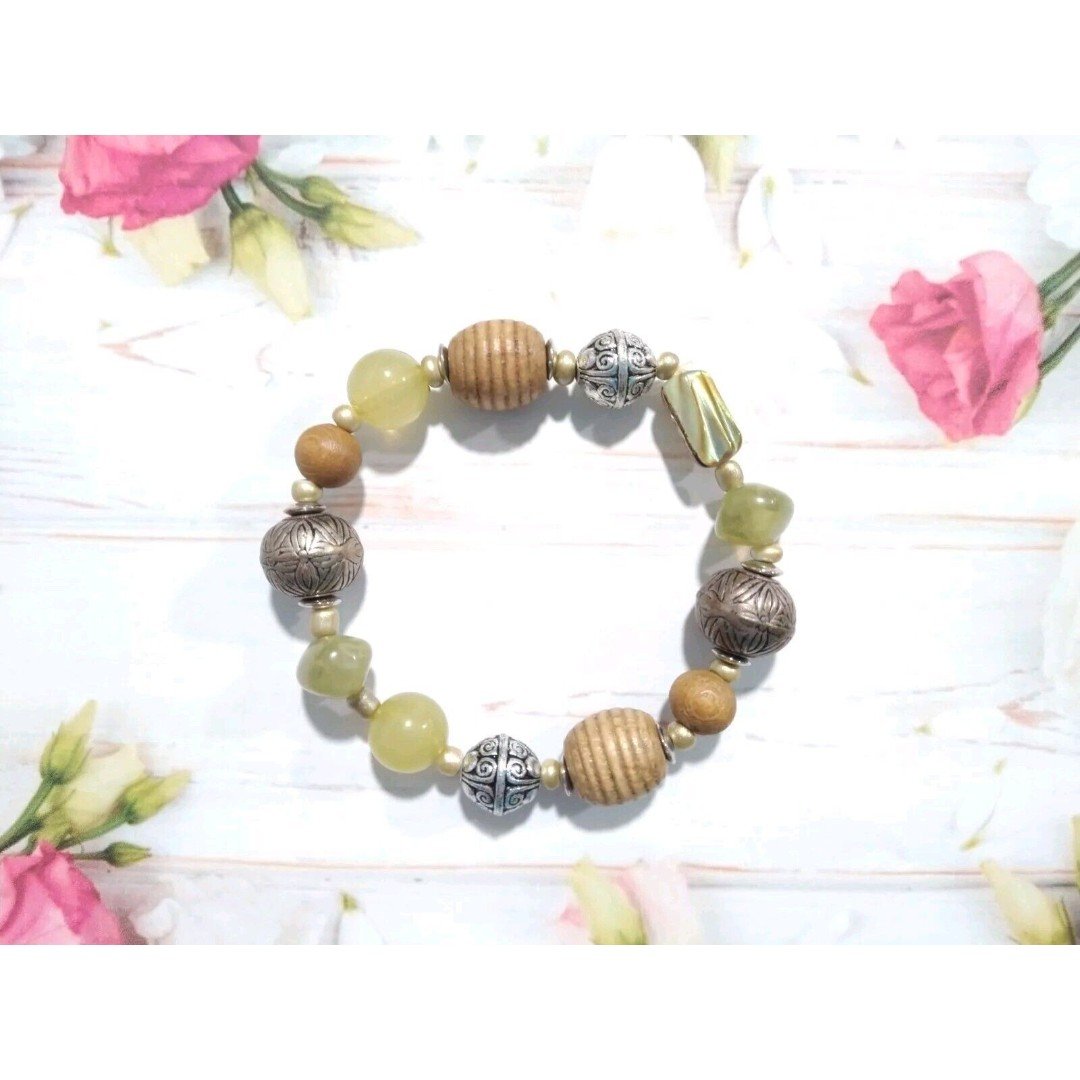 Semi Precious Stone Light Green Beaded Stretch Bracelet Wood Silver Tone