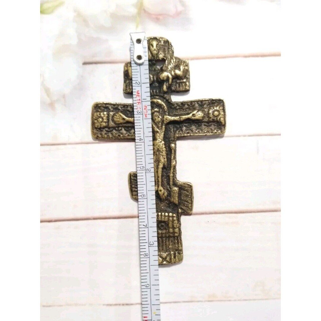Antique Brass Russian Orthodox Cross Jesus Christ Great Patina