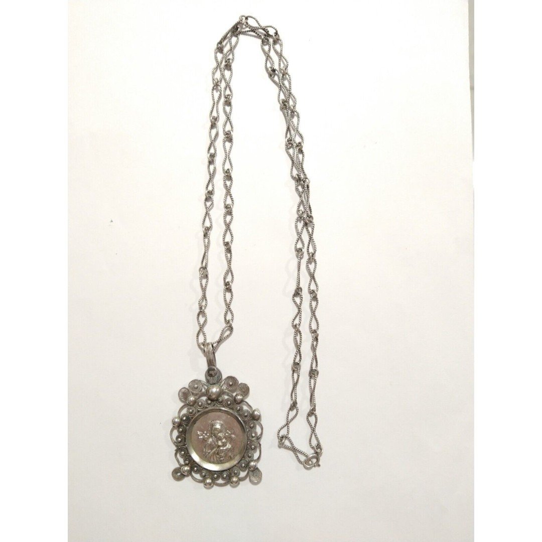Antique Madonna w Jesus Pendant Medallion Necklace Sterling Religious Victorian