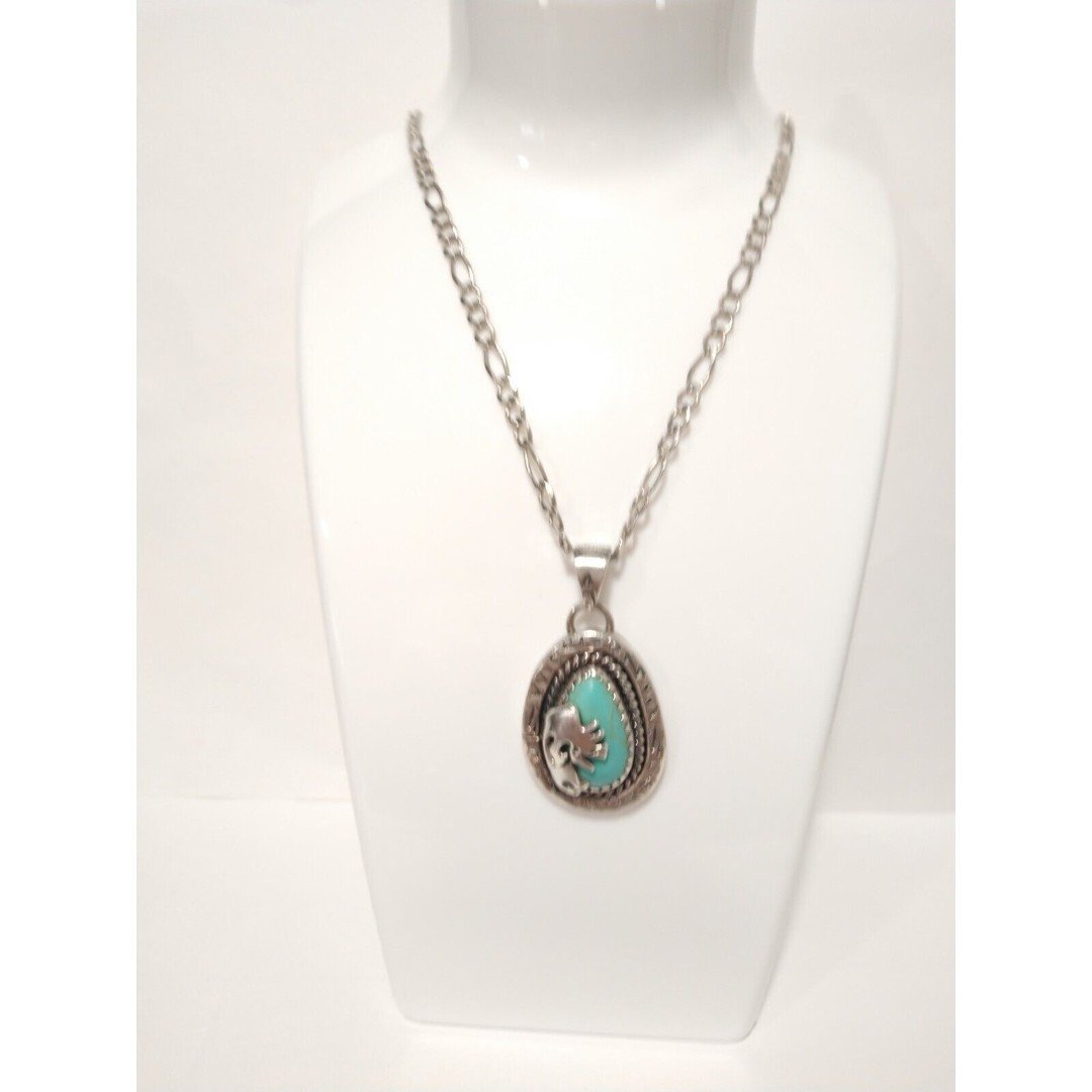 Vtg Native American Sterling Silver Kokopelli Turquoise Pendant Chain Necklace