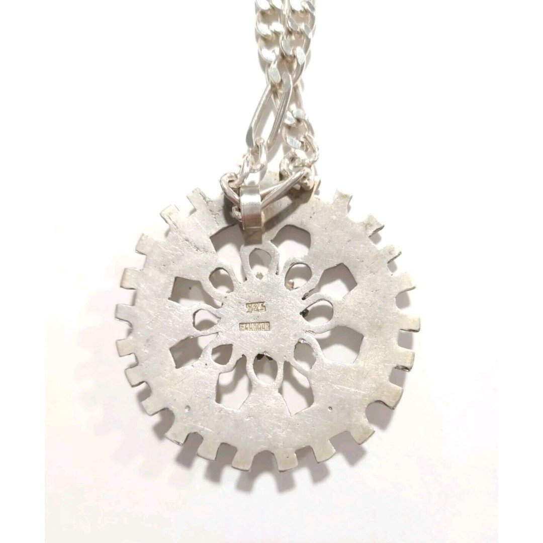 Vtg Solid Large Sun Aztec 925 Sterling Silver Pendant Figaro Necklace Italy