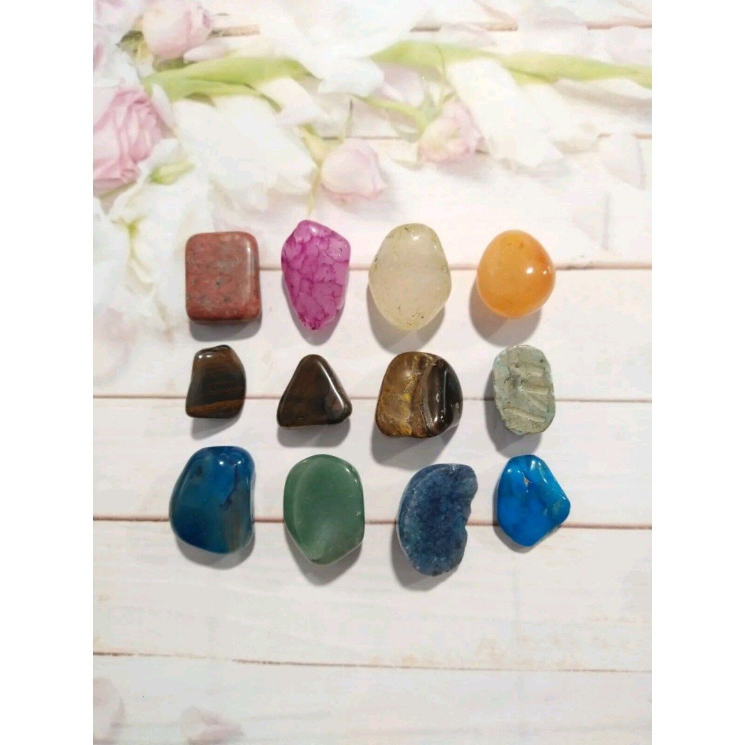 Mixed Lot 12 Semi Precious Raw Stones Tiger Eye Turquoise Beetle Colorful