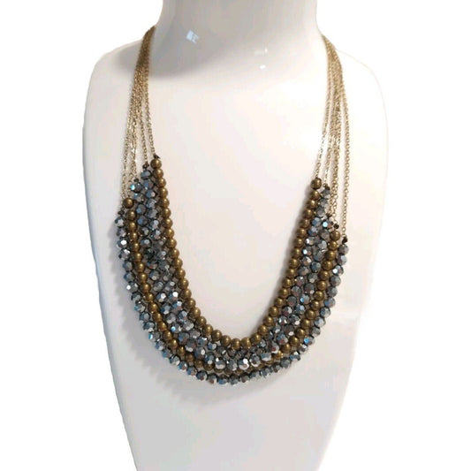 Gray & Brass Multi Strand Bead and Gold Tone Chain Beaded Necklace